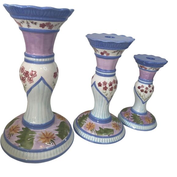 Capriware 3-Piece Pillar Candleholder Set Blue Purple Floral Hand Painted VTG - Picture 2 of 12